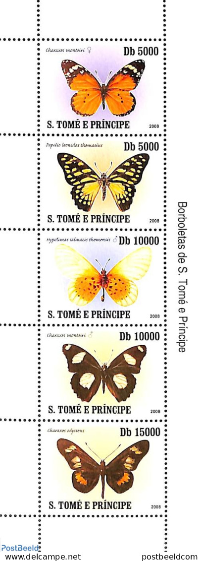 Sao Tome/Principe 2007 Butterflies 5v M/s  (issued 31 Dec 2007 But With Year 2008 On Stamps, See Michel Cat.), Mint NH.. - Sao Tomé Y Príncipe