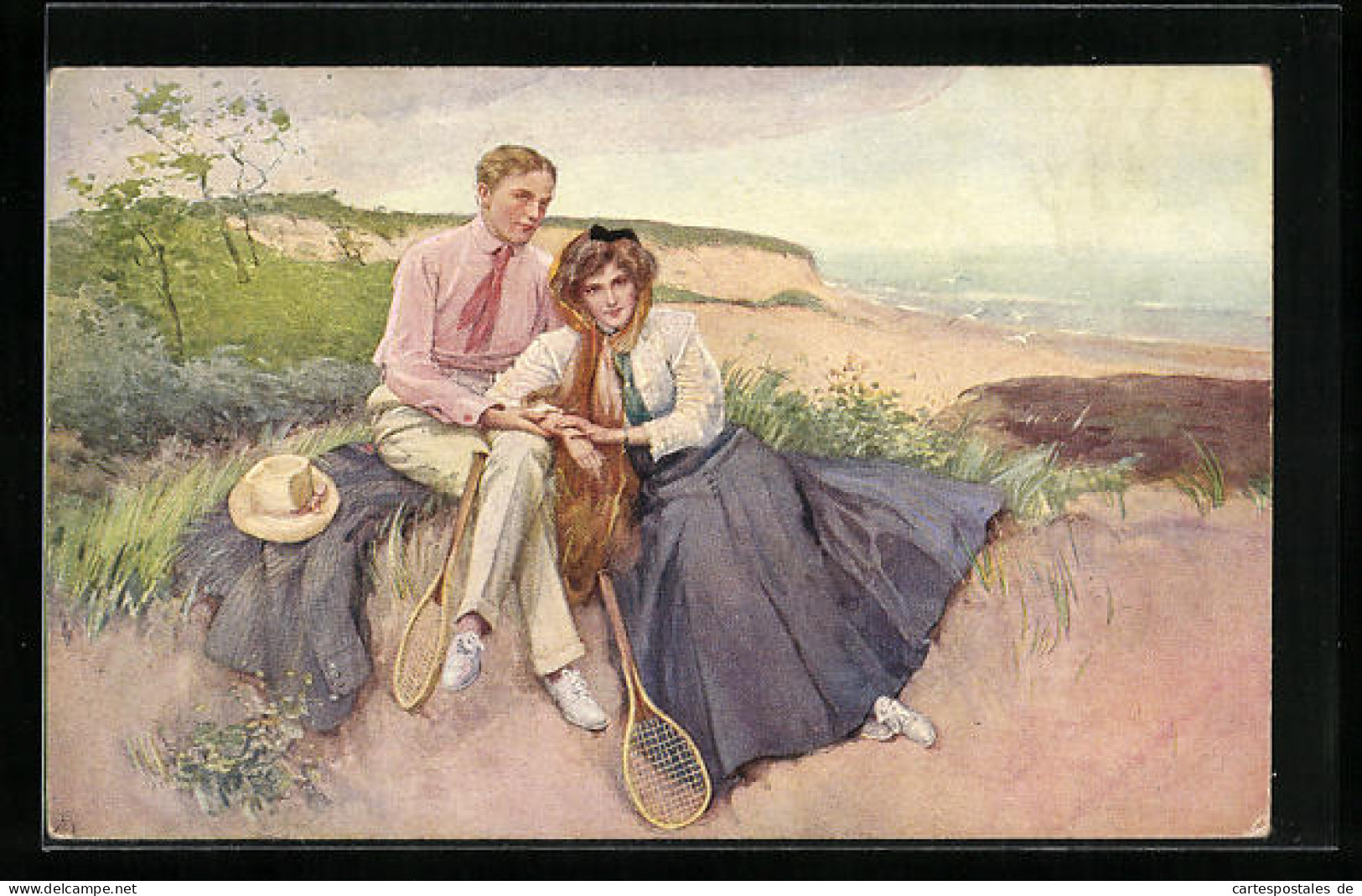 Künstler-AK M. Munk Nr. 1126: Paar Sitzt Mit Tennisschlägern Am Strand, Frühling Des Lebens  - Tenis