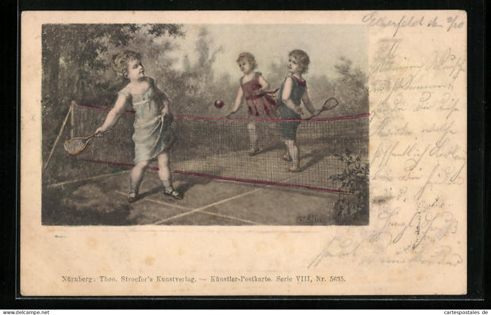 Lithographie Kinder Beim Tennisspiel  - Tenis