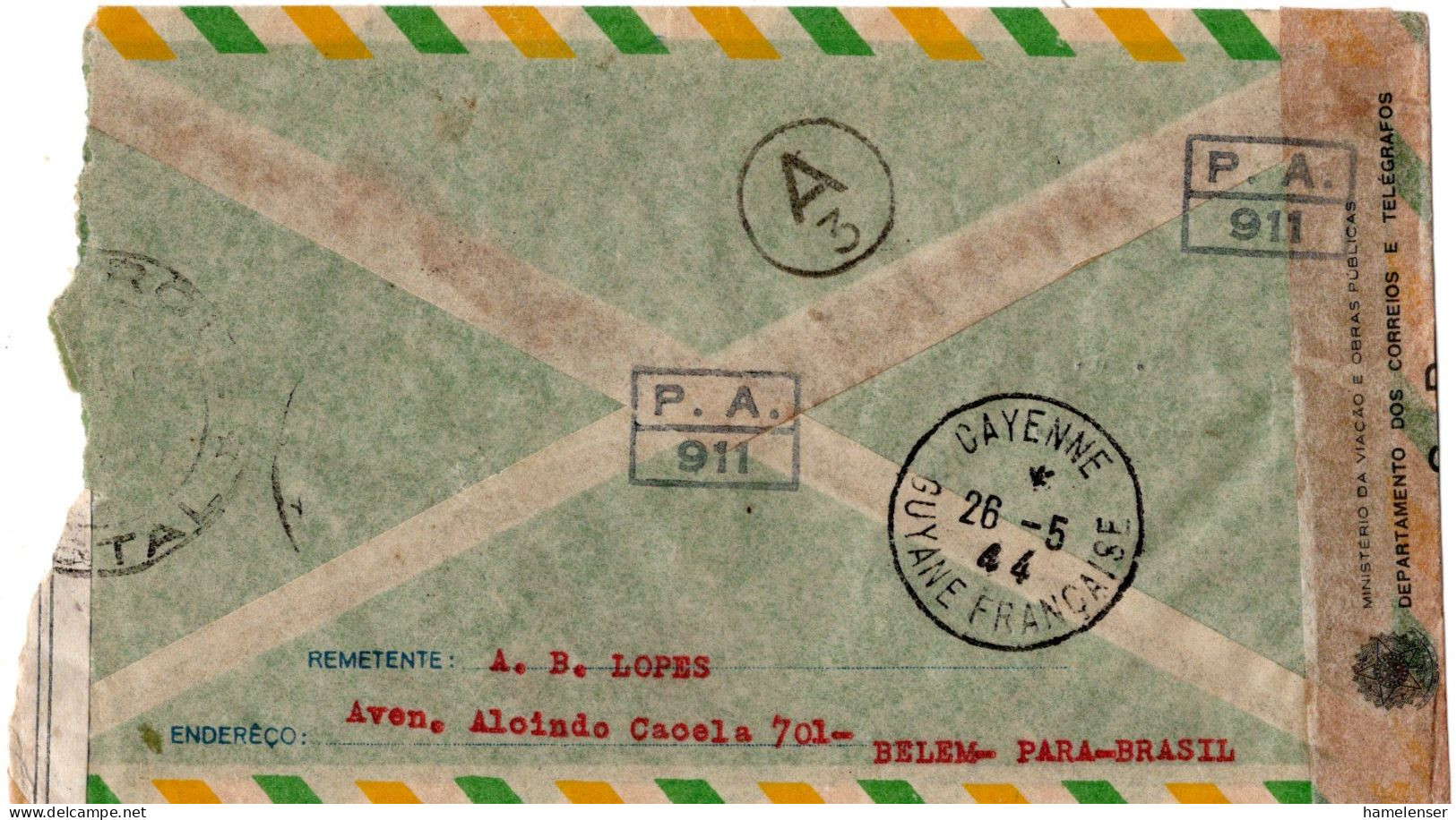 77470 - Brasilien - 1944 - 2$ooo MiF A R-LpBf (BELEM) -> CAYENNE (Frz Guyana), M Brasil Zensur (frz Zensur Abgerissen) - Lettres & Documents