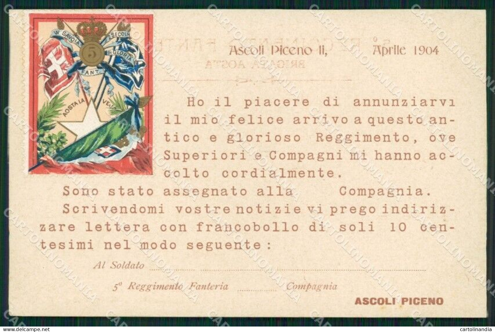 Militari V° Reggimento Fanteria Aosta Ascoli Piceno Cartolina XF4269 - Regimientos