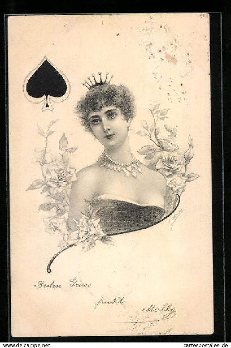 Künstler-AK Pik Dame, Spielkarte  - Carte Da Gioco