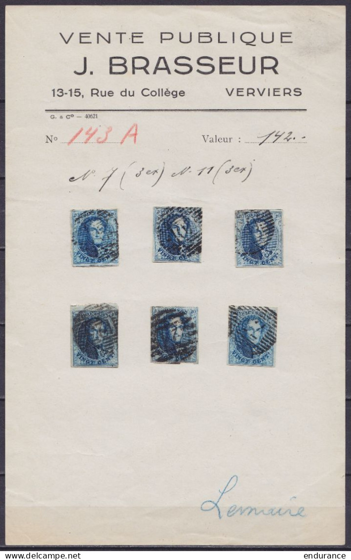 Belgique - Ensemble De 3x N°7 + 3x N°11 (20c Bleu Médaillon ND) Sur Feuillet Vente Publique J. Brasseur LIEGE - 1849-1865 Medallones (Otros)