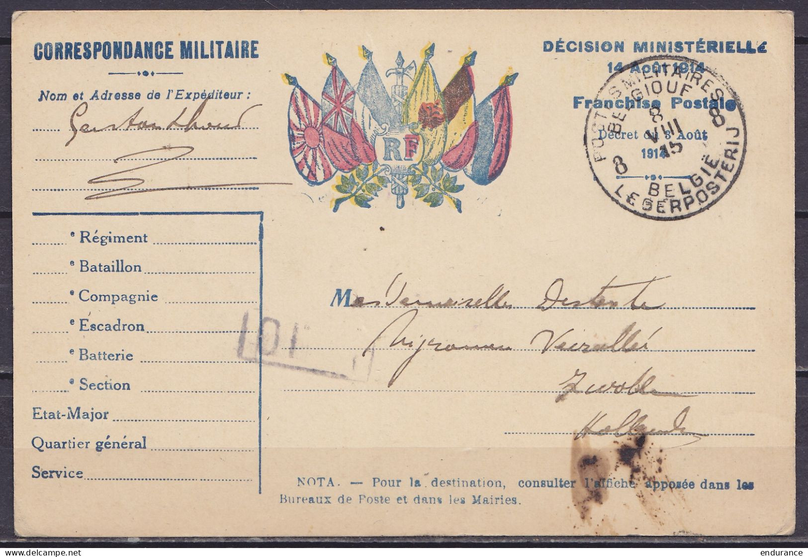 EP CP Française Franchise Militaire (drapeaux) Càd "POSTES MILITAIRES BELGIQUE 8 /8 VIII 1915/ BELGIE LEGERPOSTERIJ 8" P - Belgische Armee