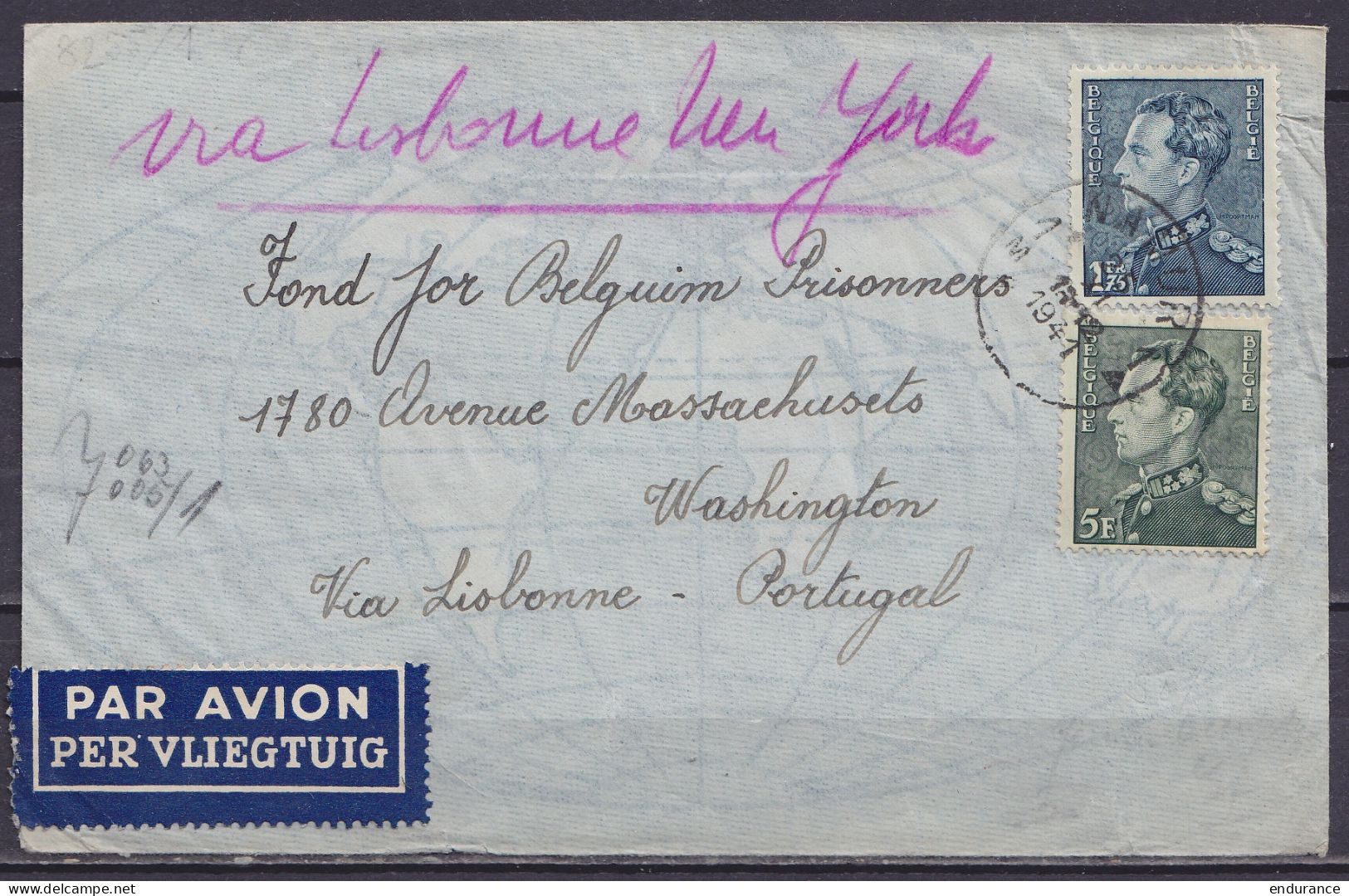 L. Par Avion Affr. N°430+433 Càd NAMUR 1M /25 XI 1941 Pour WASHINGTON Via Lisbonne Portugal (derniers Jours Du Passage V - Guerra 40 – 45 (Cartas & Documentos)