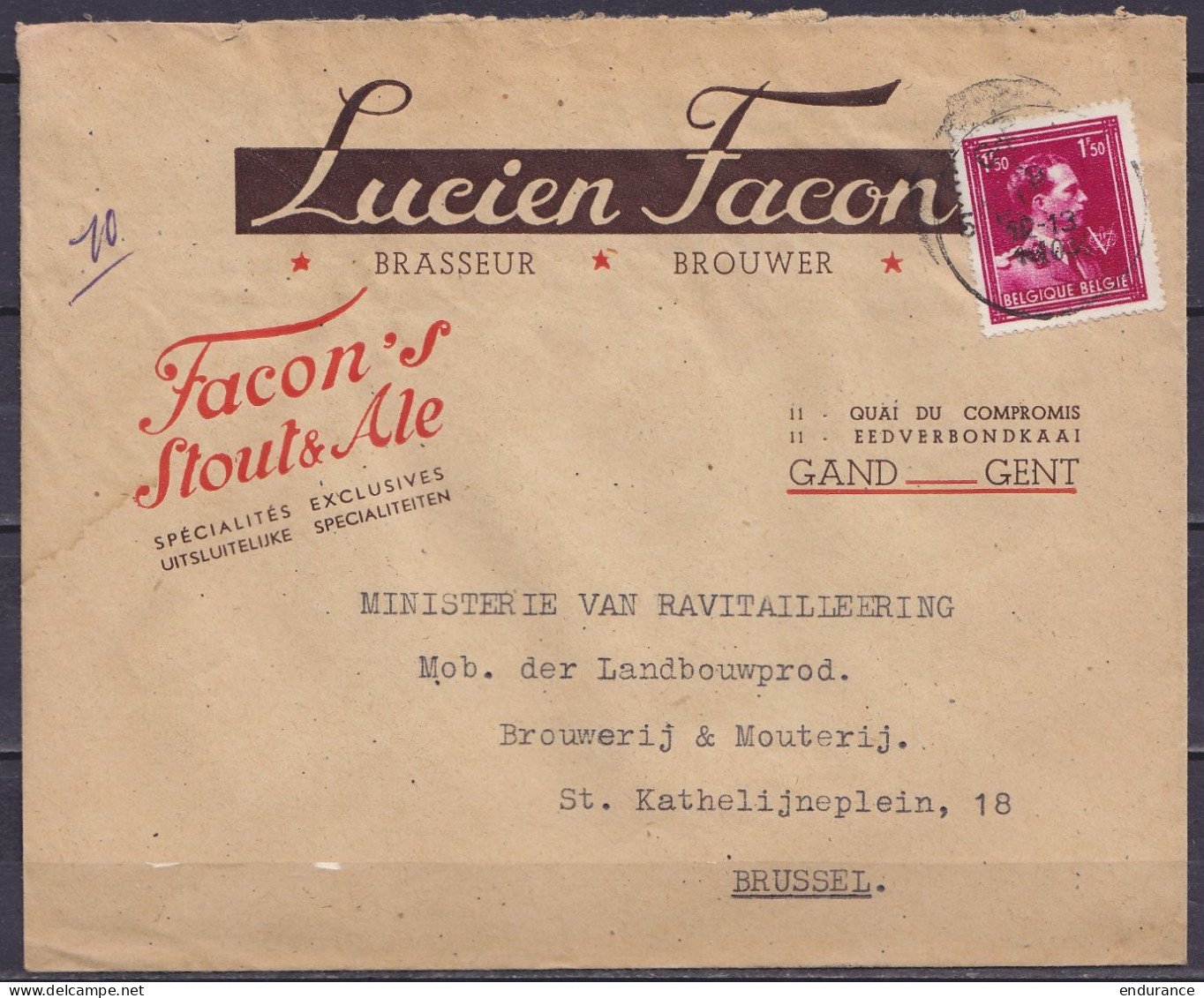 L. "Brasseur Brouwer Lucien Facon" Affr. N°724R Càd GAND Pour BRUSSEL - 1946 -10 %
