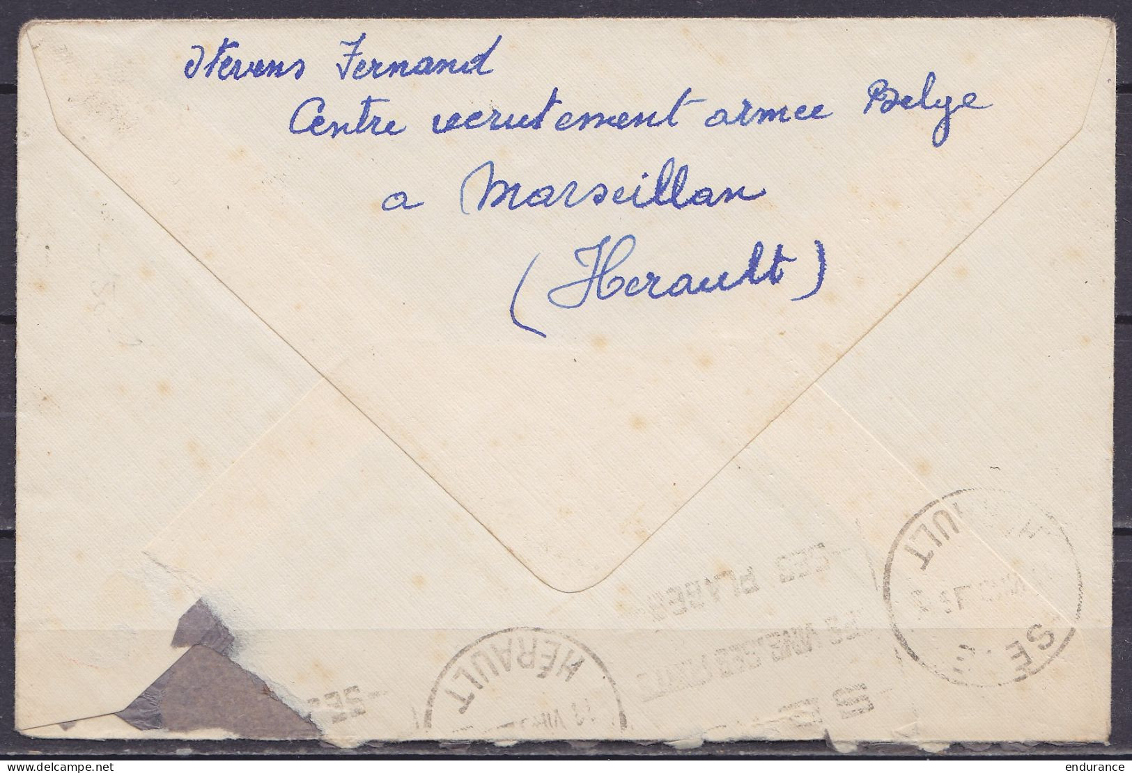 L. En Franchise (S.M.) Flam. MARSEILLAN /10-?-1940 Pour SETTE (Sète) - Griffe "Centre De Recrutement De L'Armée BELGE /  - Guerra '40-'45 (Storia Postale)