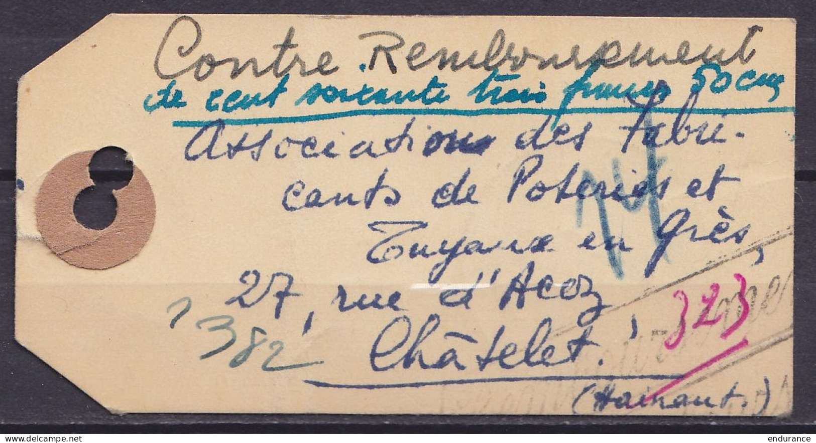 Etiquette De Sac Contre-remboursement Affr. N°696+924 Càd CHARLEROI 4B /24-11/1953 Pour CHATELET - 1953-1972 Occhiali