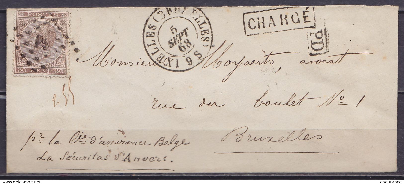 L. Recommandée Affr. N°19 Lpts "61" Càd IXELLES (BRUXELLES) /5 SEPT 1868 Pour E/V - Griffes [CHARGE] & [PD] (au Dos: Càd - 1865-1866 Profile Left