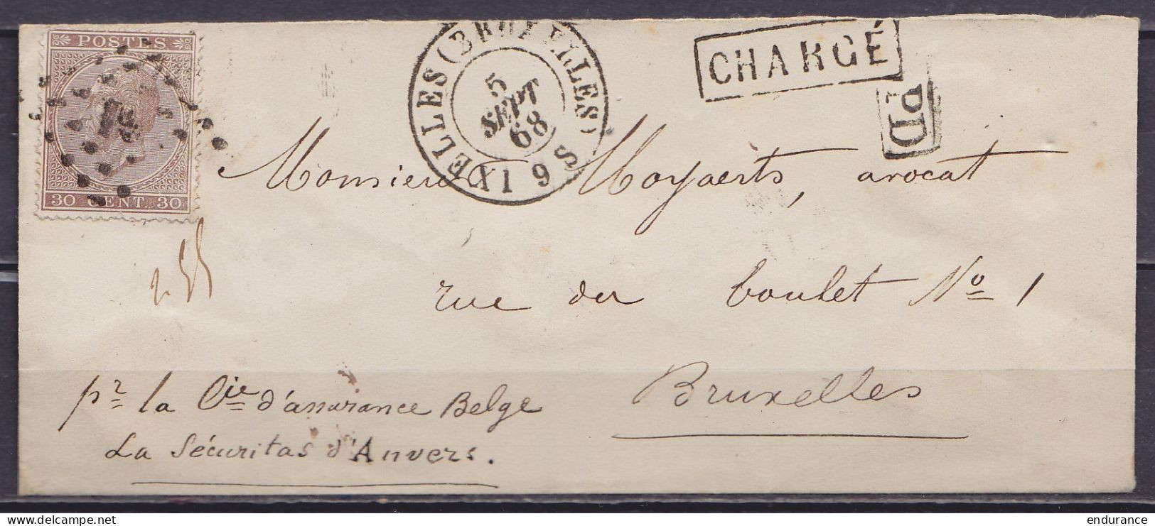 L. Recommandée Affr. N°19 Lpts "61" Càd IXELLES (BRUXELLES) /5 SEPT 1868 Pour E/V - Griffes [CHARGE] & [PD] (au Dos: Càd - 1865-1866 Profil Gauche