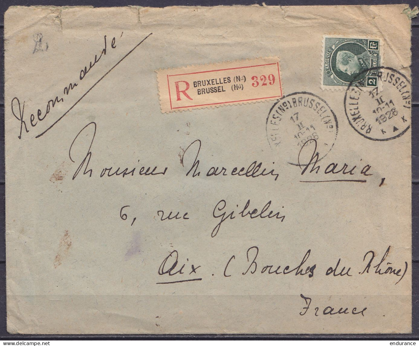 L. Recommandée Affr. N°216 Càd "BRUXELLES (N°) BRUSSEL (N°) /17 II 1928 Pour AIX Bouches Du Rône (au Dos: Càd Arrivée AI - 1921-1925 Montenez Pequeño