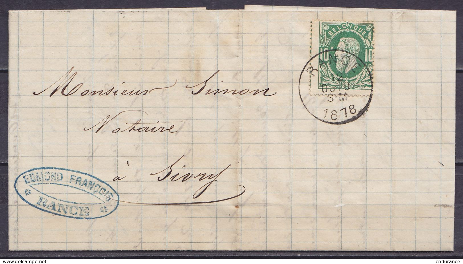 L. Affr. N°30 Càd RANCE /12 OCT 1878 Pour SIVRY (au Dos: Càd Arrivée SIVRY) - 1869-1883 Leopold II