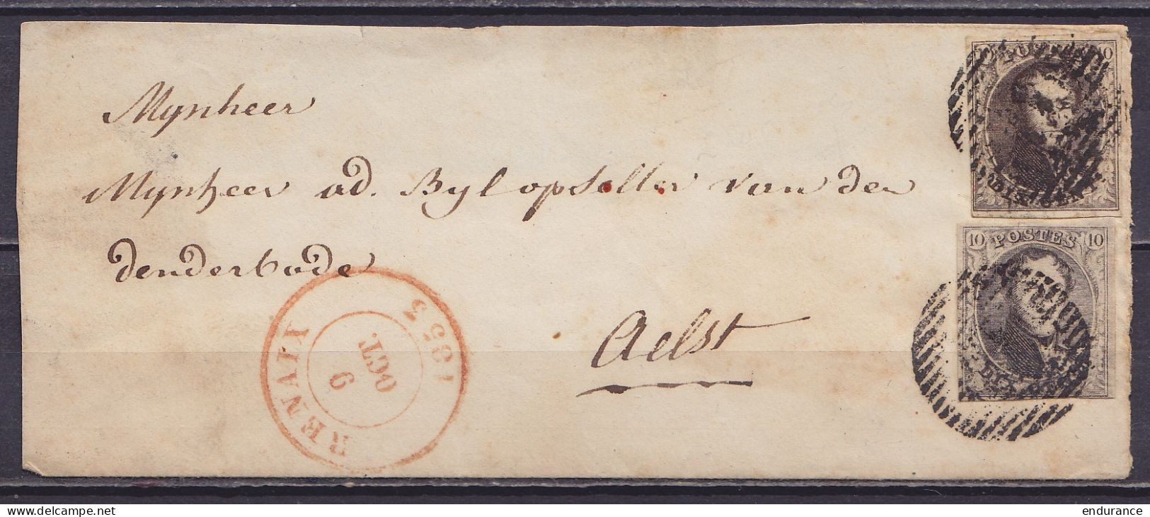 Partie De L. Affr. 2x N°6 (PL II - 2 Marges) P100 Càd RENAIX /9 OCT. 1853 Pour AELST (au Dos: Càd Arrivée ALOST) - 1851-1857 Medallones (6/8)