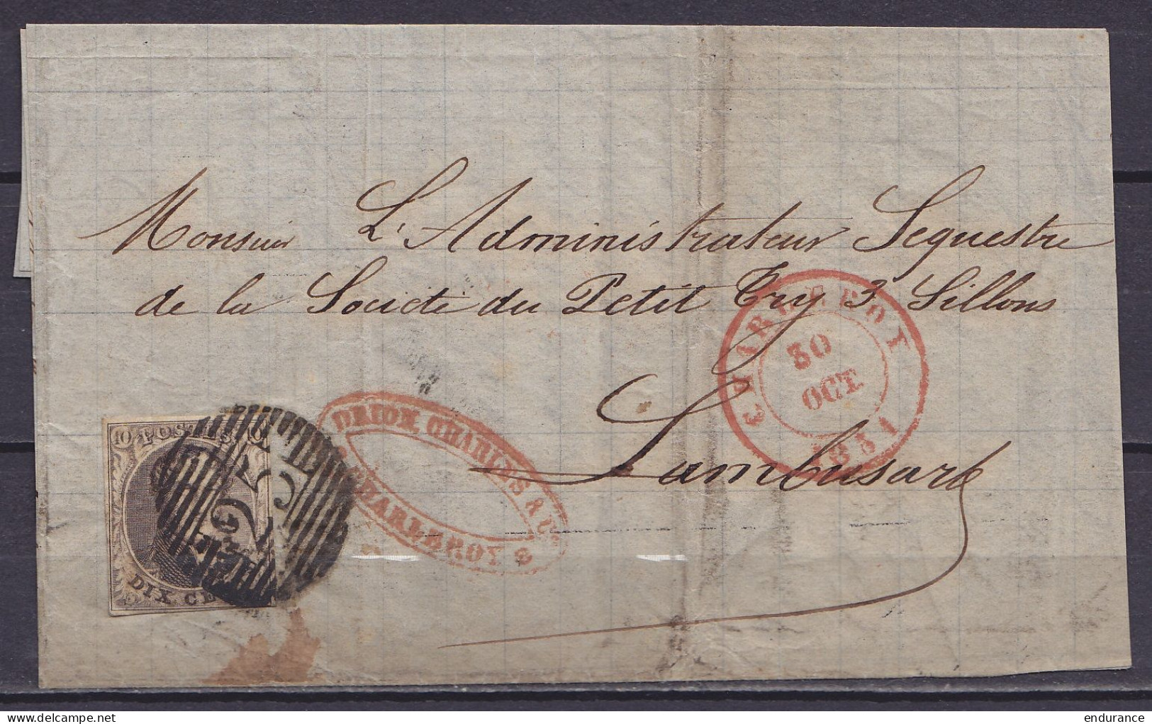 L. Affr. N°6 P25 Càd CHARLEROY/ 30 OCT 1851 Pour LAMBUSART - 1851-1857 Medallions (6/8)