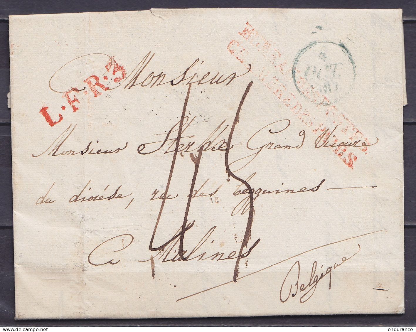 L. Datée 4 Octobre 1831 De PARIS En Franchise Pour Grand Vicaire Du Diocèse De MALINES - Cachet Date "8 OCT 1831" - Grif - 1830-1849 (Independent Belgium)