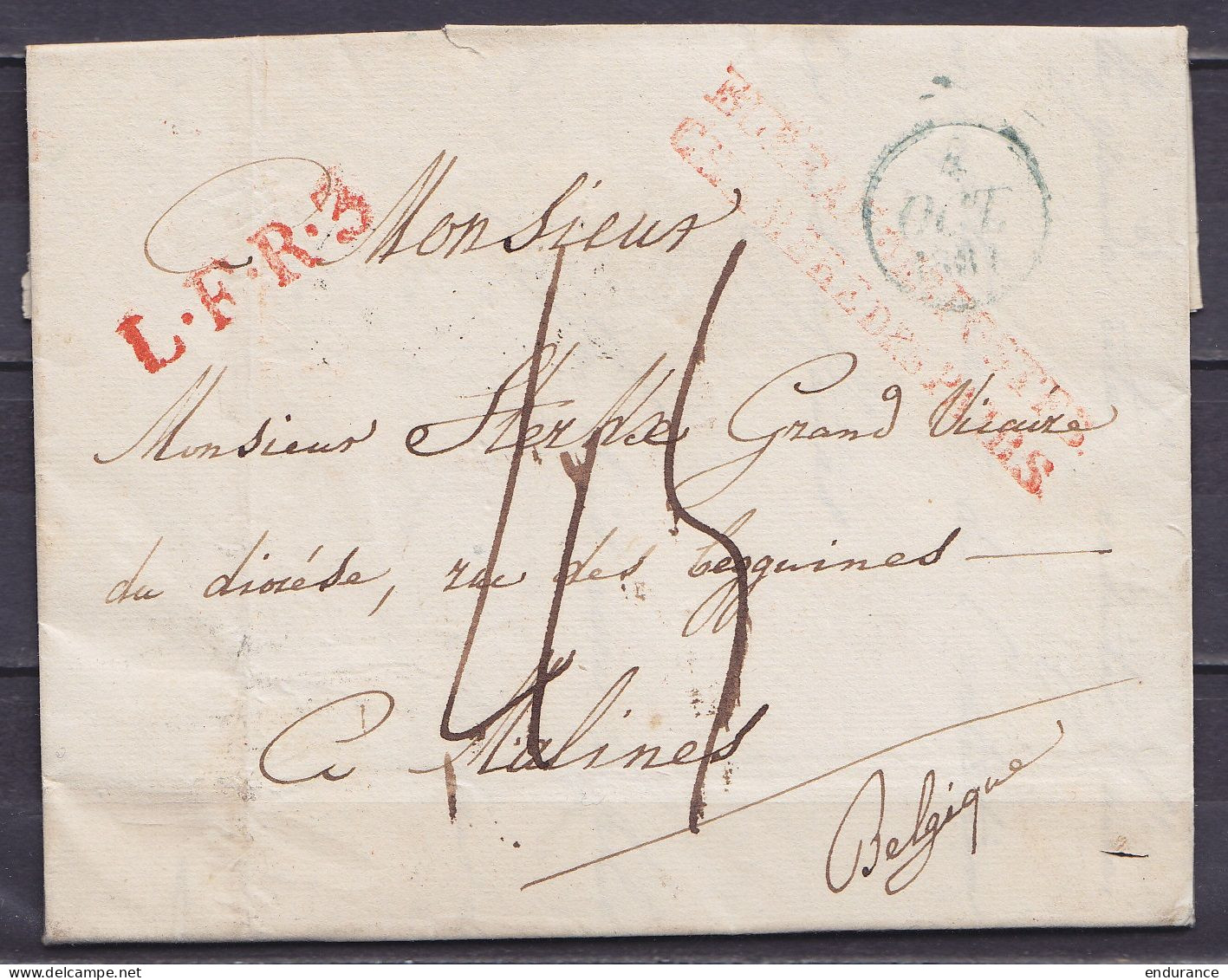 L. Datée 4 Octobre 1831 De PARIS En Franchise Pour Grand Vicaire Du Diocèse De MALINES - Cachet Date "8 OCT 1831" - Grif - 1830-1849 (Belgica Independiente)