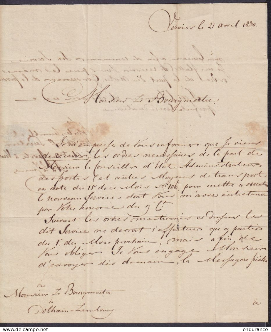 L. Datée 21 Avril 1830 De VERVIERS Càd VERVIERS /21 APR En Franchise Pour DOLHAIN-LIMBOURG - Man. "Service Postes" - 1815-1830 (Période Hollandaise)