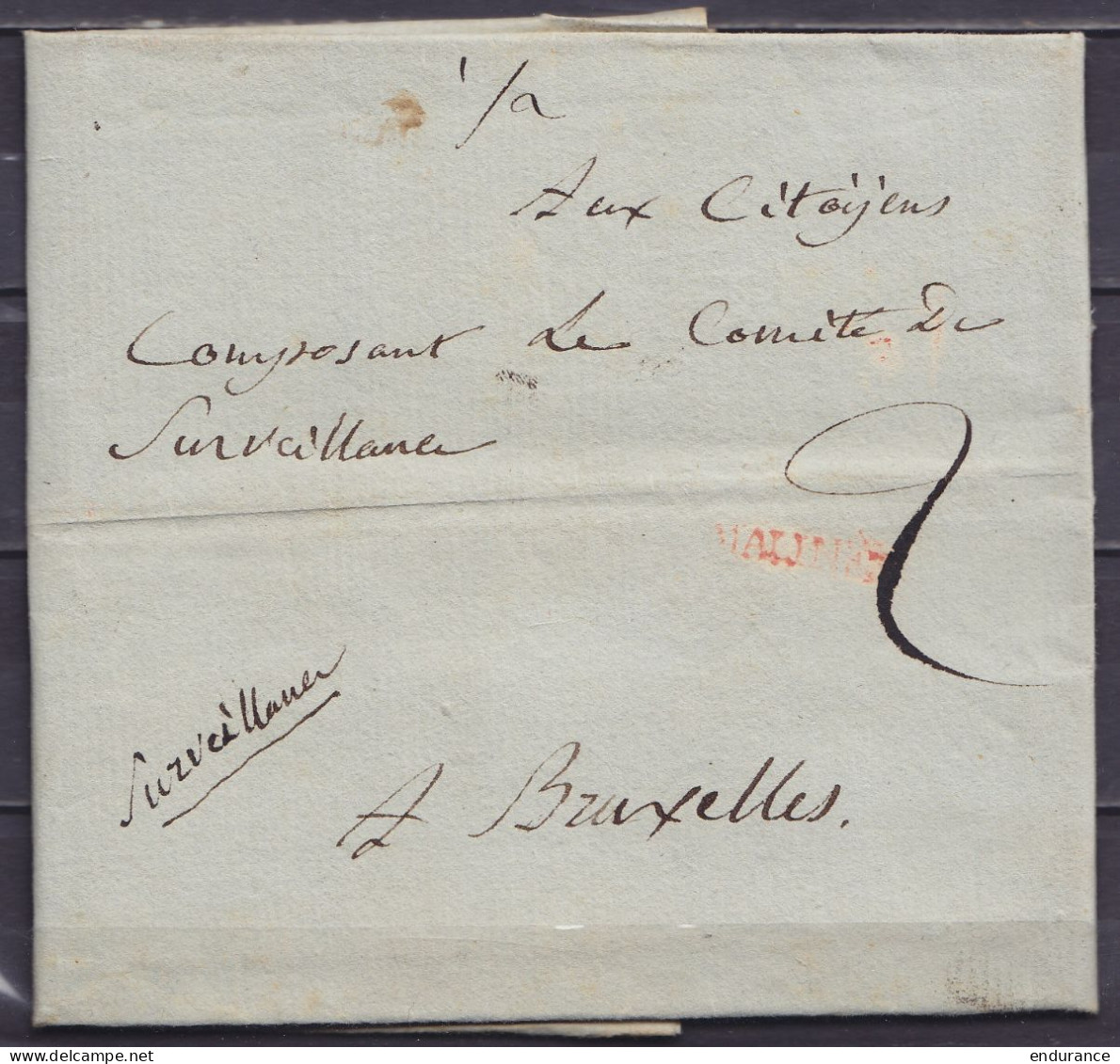 L. Datée 10 Brumaire An 3 (31 Octobre 1794) De MALINES Pour BRUXELLES - Griffe Rouge "MALINES" - Port "2" - Man. "Survei - 1794-1814 (French Period)