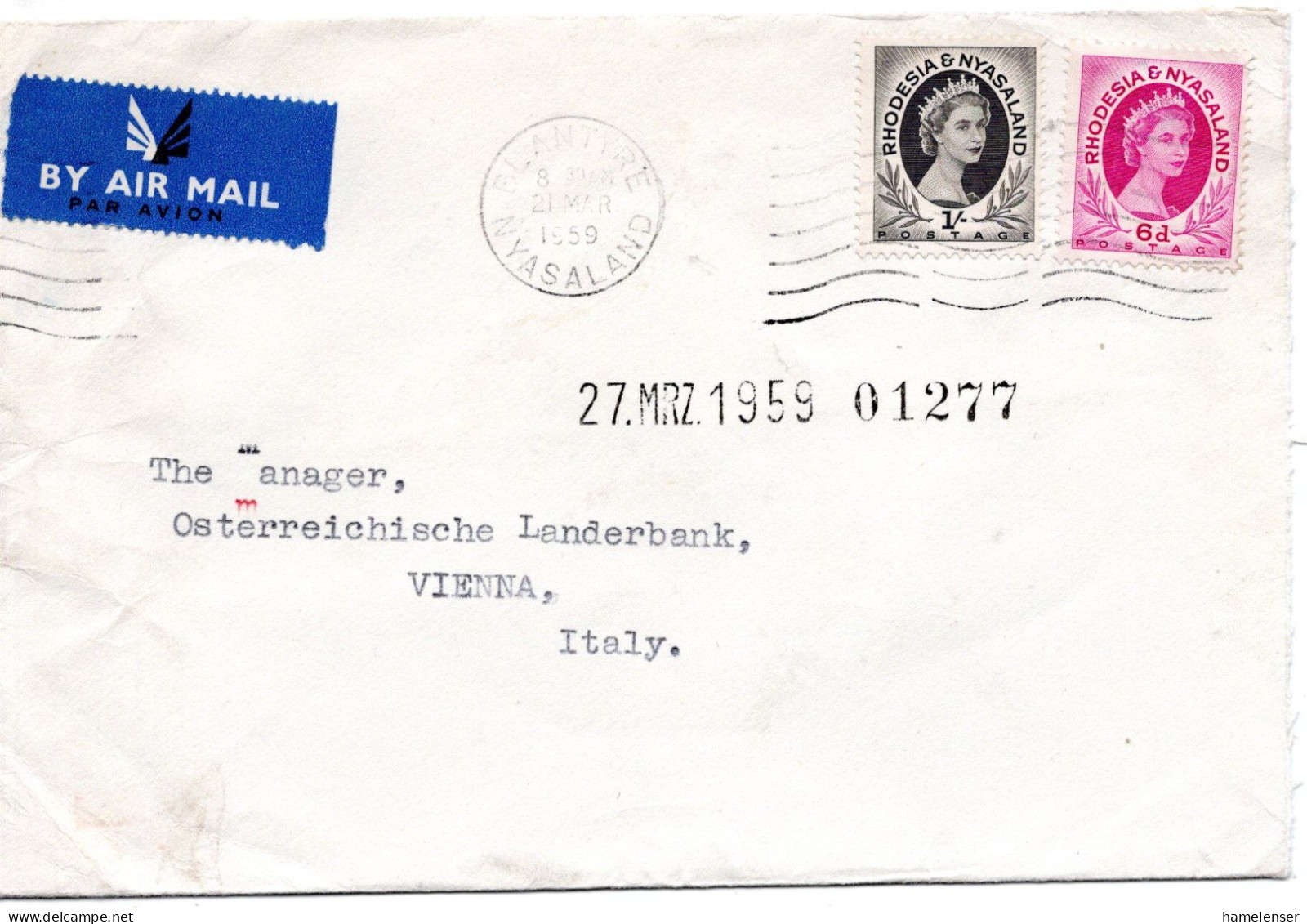 77473 - Rhodesien & Nyasaland - 1959 - 1'- QEII MiF A LpBf BLANTYRE -> Oesterreich - Rhodesia & Nyasaland (1954-1963)