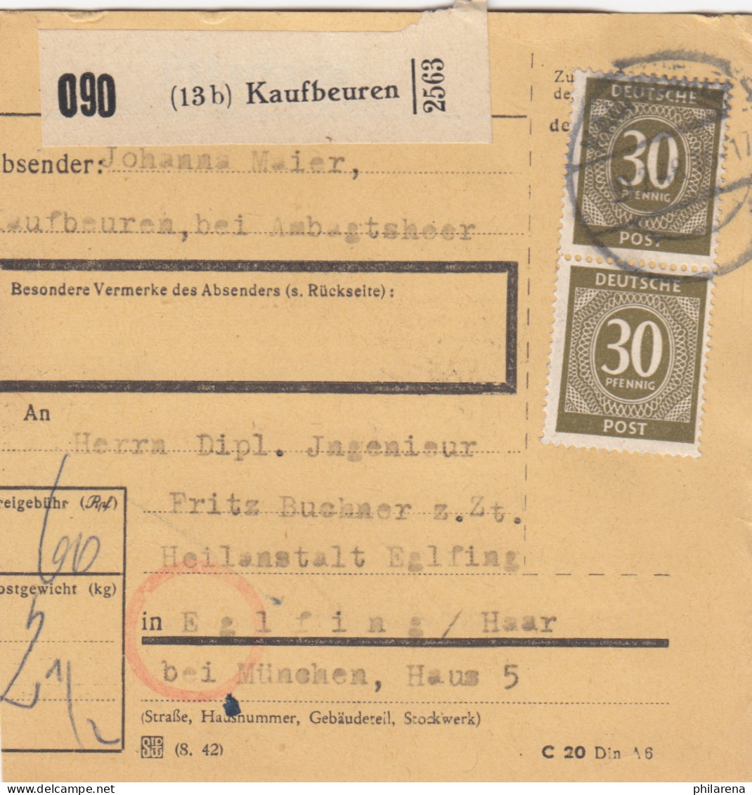 Paketkarte 1948: Kaufbeuren Nach Heilanstalt Eglfing Haar - Storia Postale