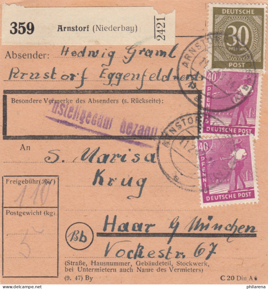 Paketkarte 1948: Arnstorf (Niederbay.) Nach Haar - Storia Postale