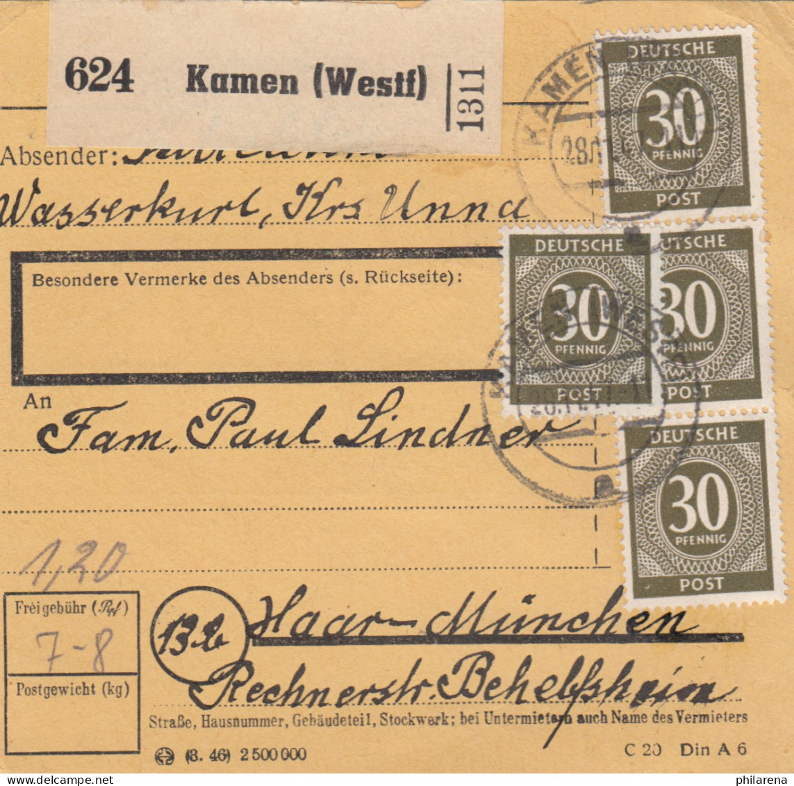 Paketkarte 1947: Kamen Kreis Unna Nach Haar - Storia Postale