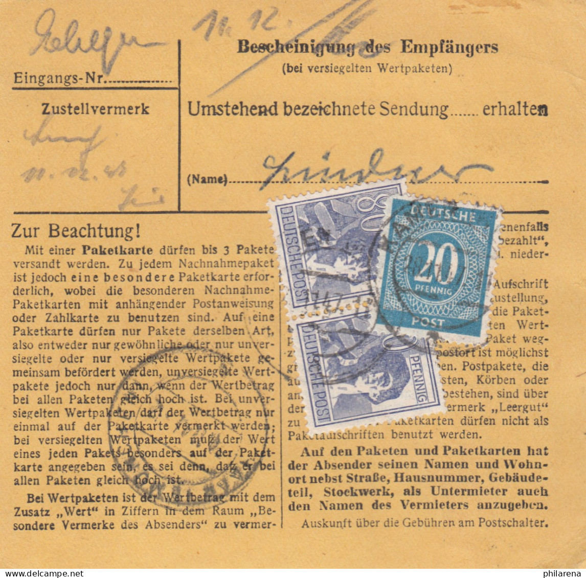 Paketkarte 1947: Kamen Kreis Unna Nach Haar - Storia Postale