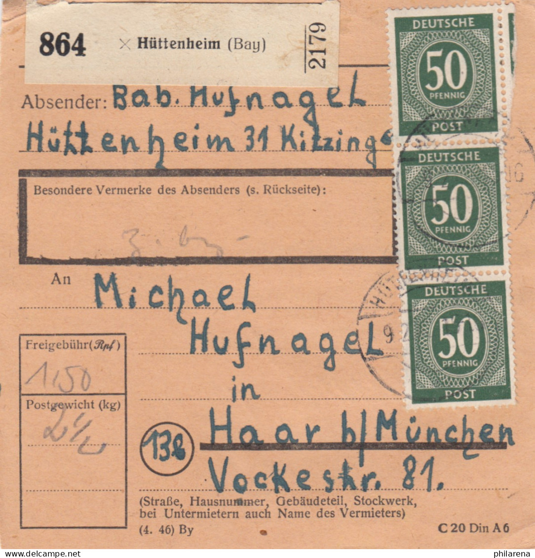 Paketkarte: Hüttenheim Nach Haar Bei München - Storia Postale