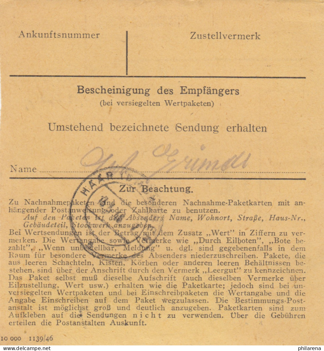 Paketkarte 1948: Redenfelden, Zellstoffwerke Nach Eglfing, Selbstbucher - Storia Postale