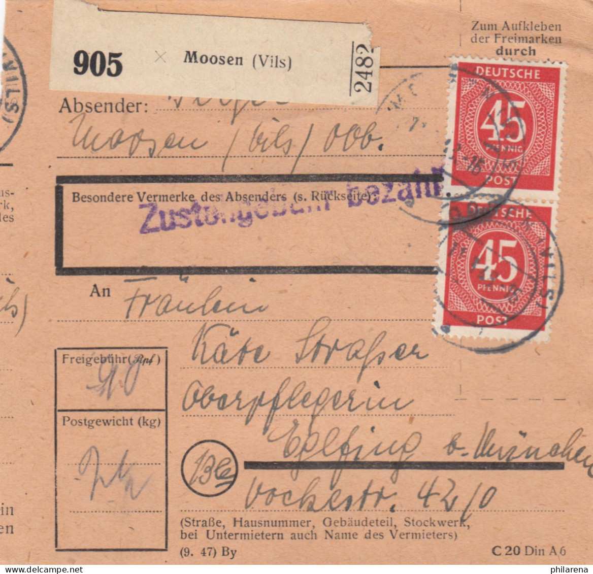 Paketkarte 1948: Moosen Nach Oberpflegerin In Eglfing - Storia Postale