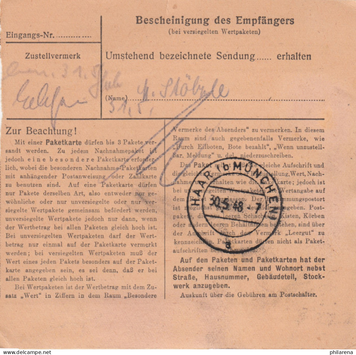 Paketkarte 1948: Memmingen Nach Haar Bei München - Storia Postale