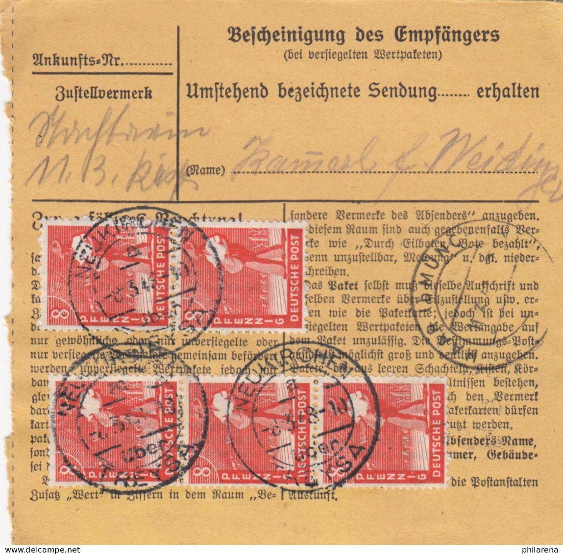 Paketkarte 1948: Molkerei Neukirchen Nach Haar, Selbstbucher, Wertkarte - Storia Postale