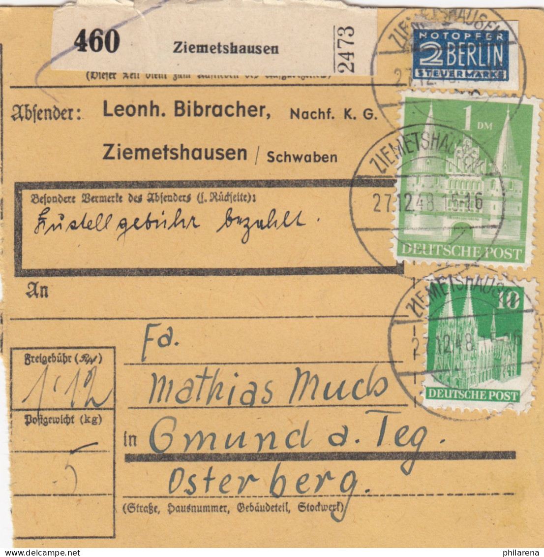 BiZone Paketkarte 1948 : Ziemetshausen Nach Gmund, Selbstbucher, Notopfer - Storia Postale