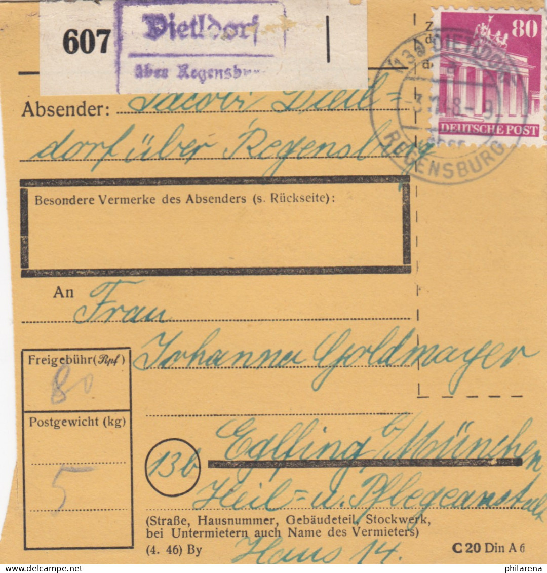 BiZone Paketkarte 1948 : Dietldorf Nach Eglfing, Heilanstalt - Storia Postale