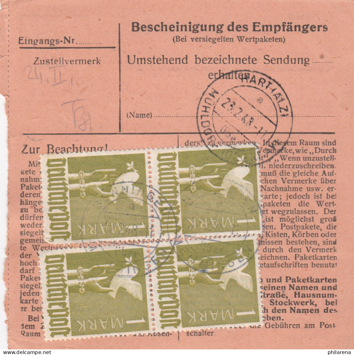 Paketkarte 1948: Benningen Nach Stockötz Hart A.d. Alz - Storia Postale