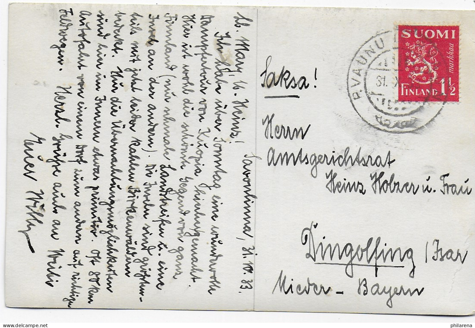 Ansichtskarte Pvaunu - Savonlinna 1933 Nach Dingolfing - Other & Unclassified