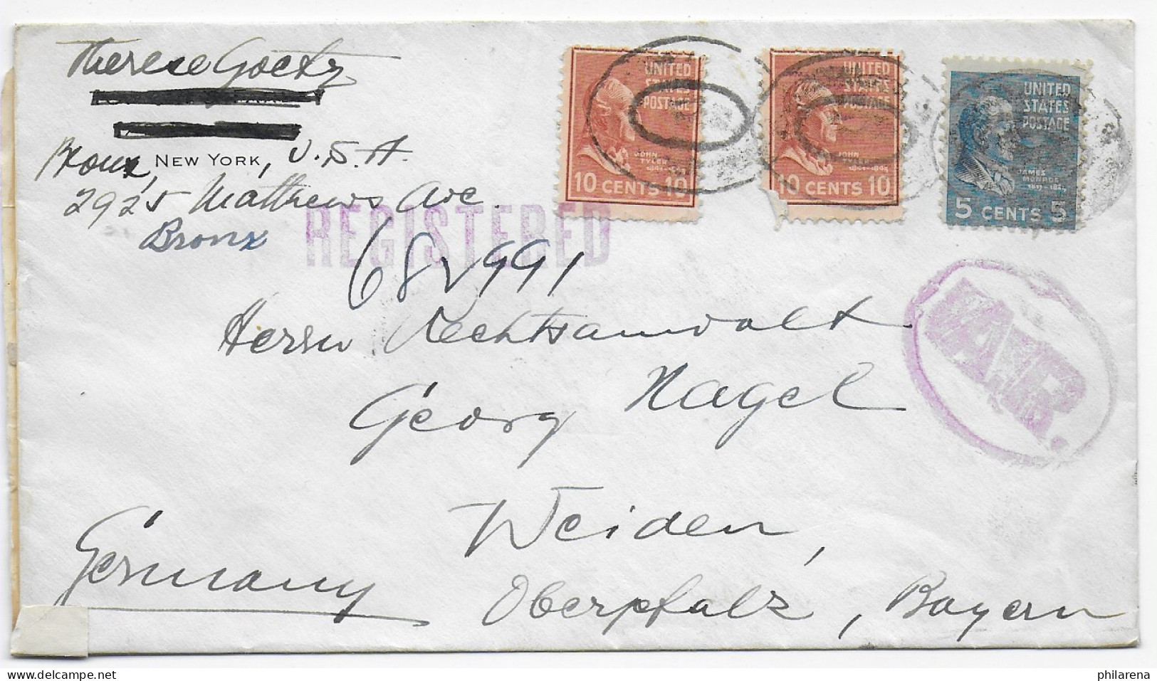 New York, Registered To Weiden/Germany 1939, Shortly Before WWII - Sonstige & Ohne Zuordnung