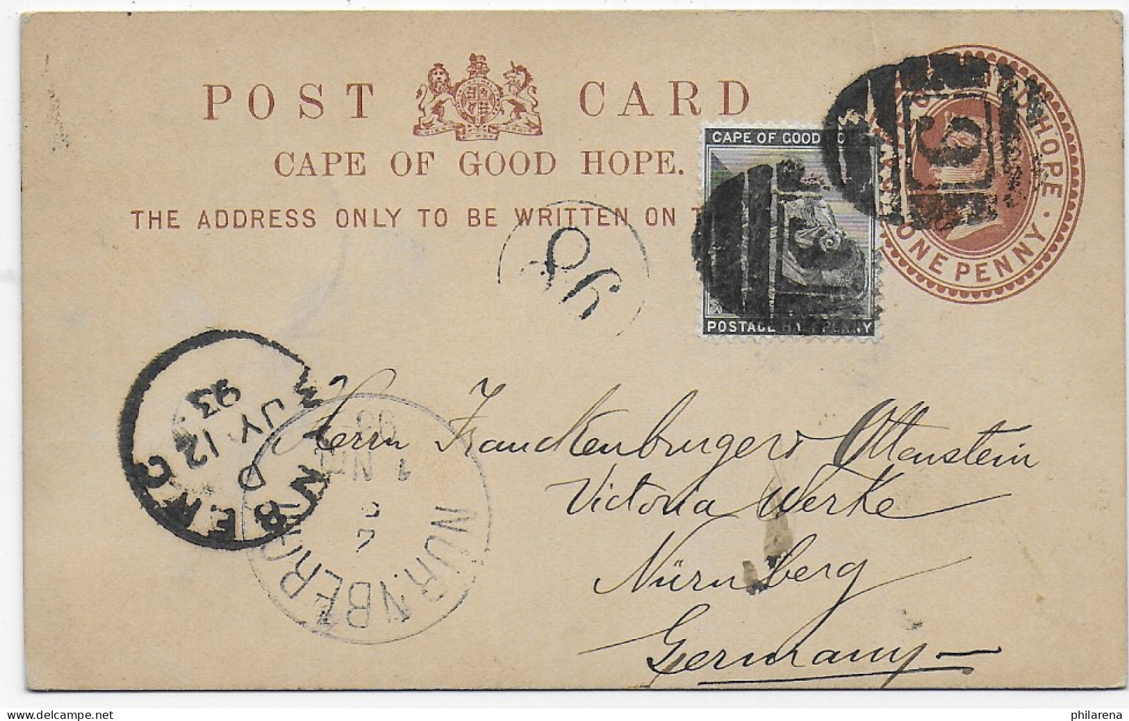 Post Card Capetowen 1893 To Nürnberg - Andere & Zonder Classificatie