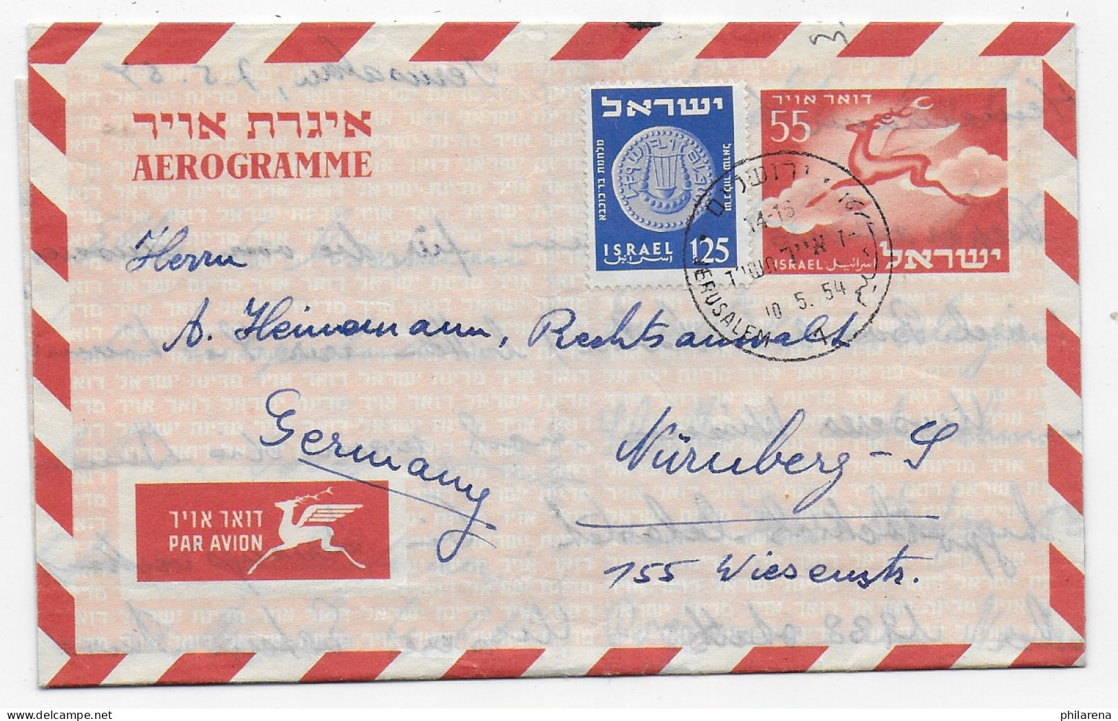 Aerogramme, Air Mail, Jerusalem 1954 Nach Nürnberg - Other & Unclassified