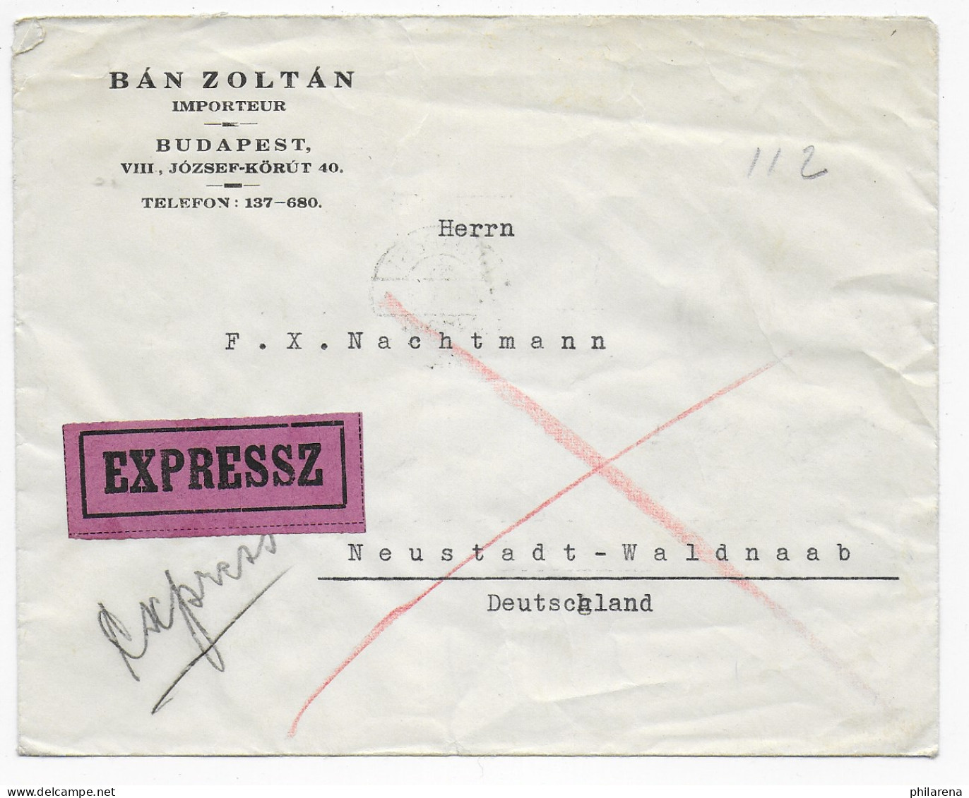 Express Budapest Nach Neustadt-Waldnaab, 1938 - Sonstige & Ohne Zuordnung