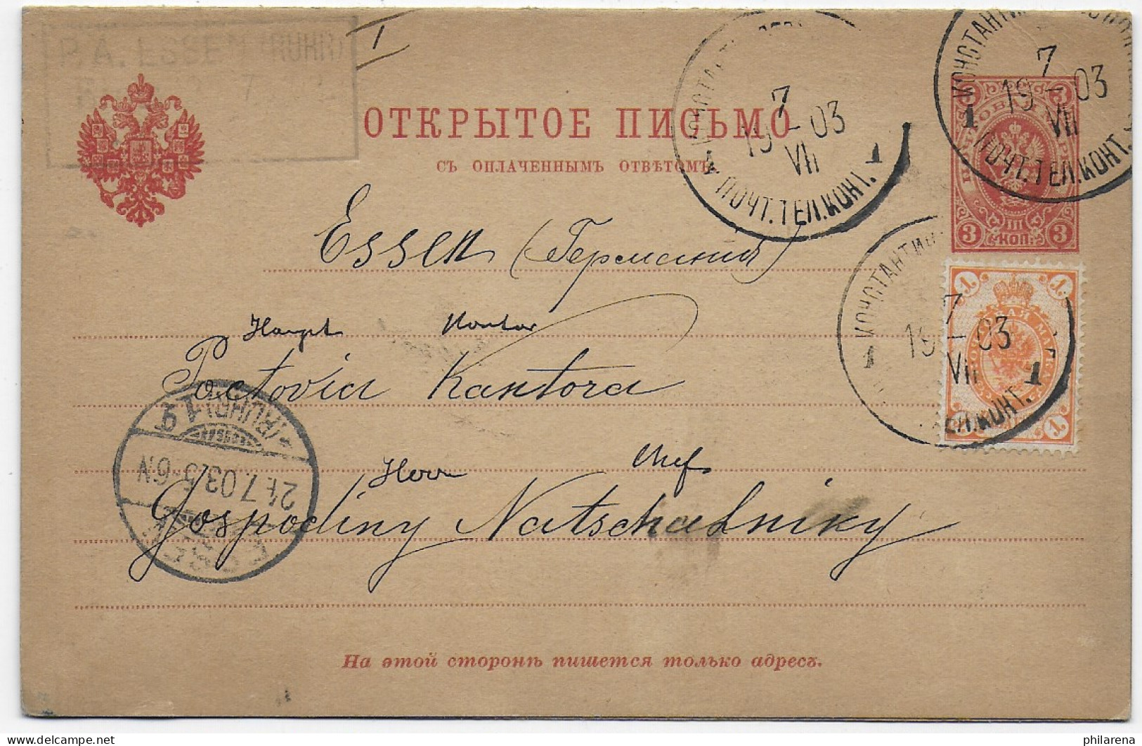 Postkarte Mit Antwortkarte 1903 Russland Nach Essen - Otros & Sin Clasificación