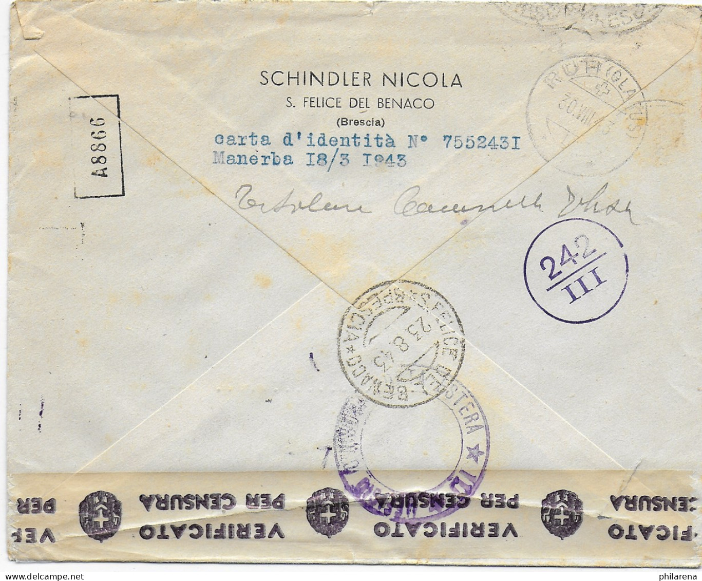 Brief Aus Brescia Nach Rüti-Glarus/CH, 1943, Zensur - Zonder Classificatie