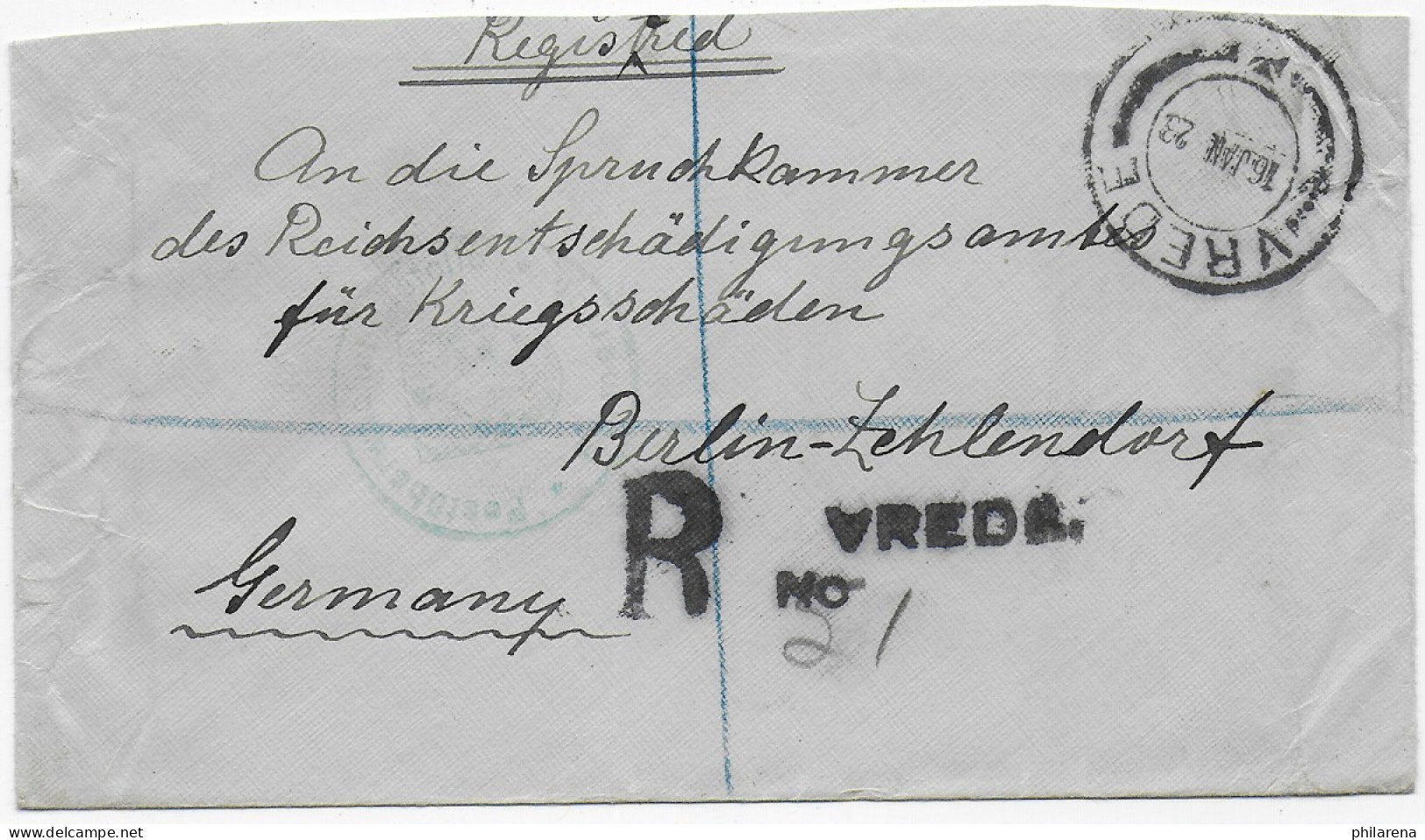 Brief Aus Vrede 1923 Nach Berlin, Entschädgungsamt Kriegsschäden, Einschreiben - Other & Unclassified