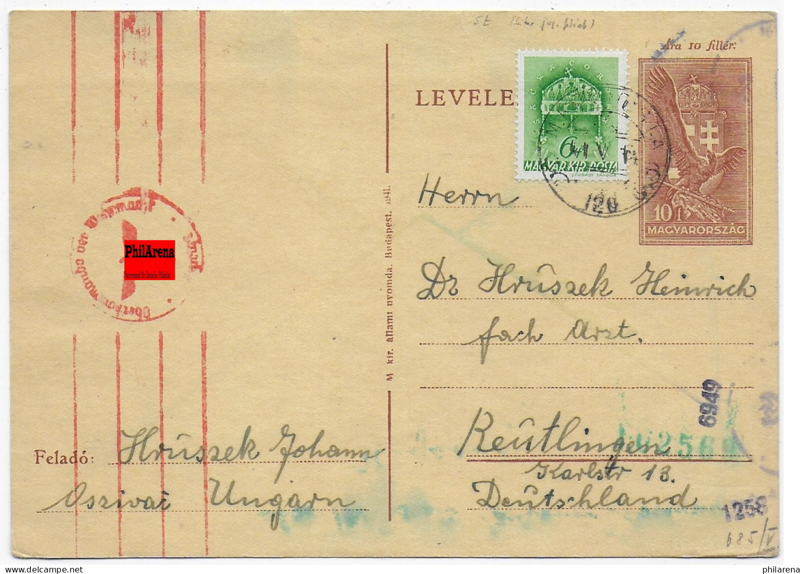 Ossivai Nach Reutlingen, 1941, OKW Zensur - Sonstige & Ohne Zuordnung