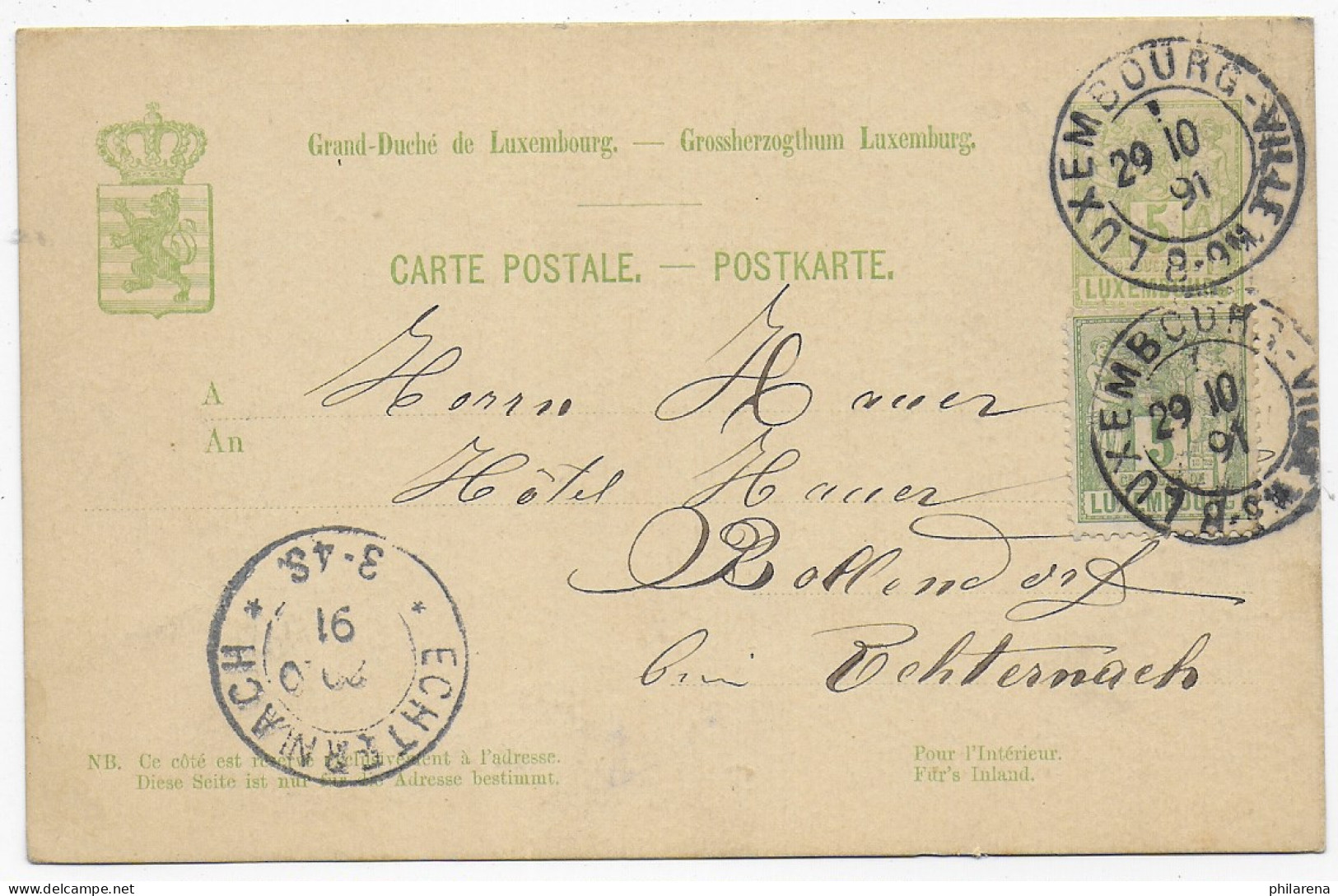 Luxembourg 1891 Nach Echternach - Altri & Non Classificati