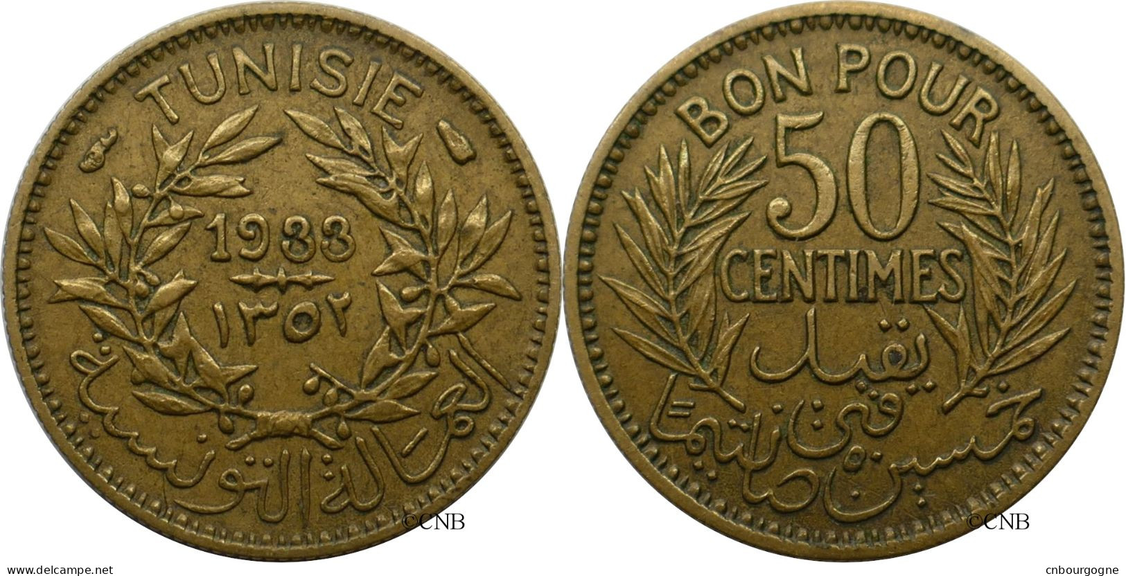 Tunisie - Protectorat Français - Ahmed I Bey - 50 Centimes 1933-AH1352 - TTB/XF45 - Mon5937 - Tunisia