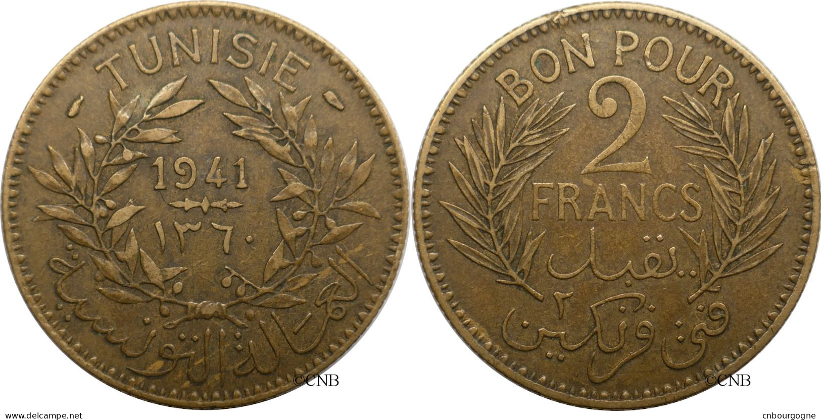 Tunisie - Protectorat Français - Ahmed Bey - 2 Francs 1941-AH1360 Flan Pelé ! - TTB/XF45 - Mon6248 - Tunesië