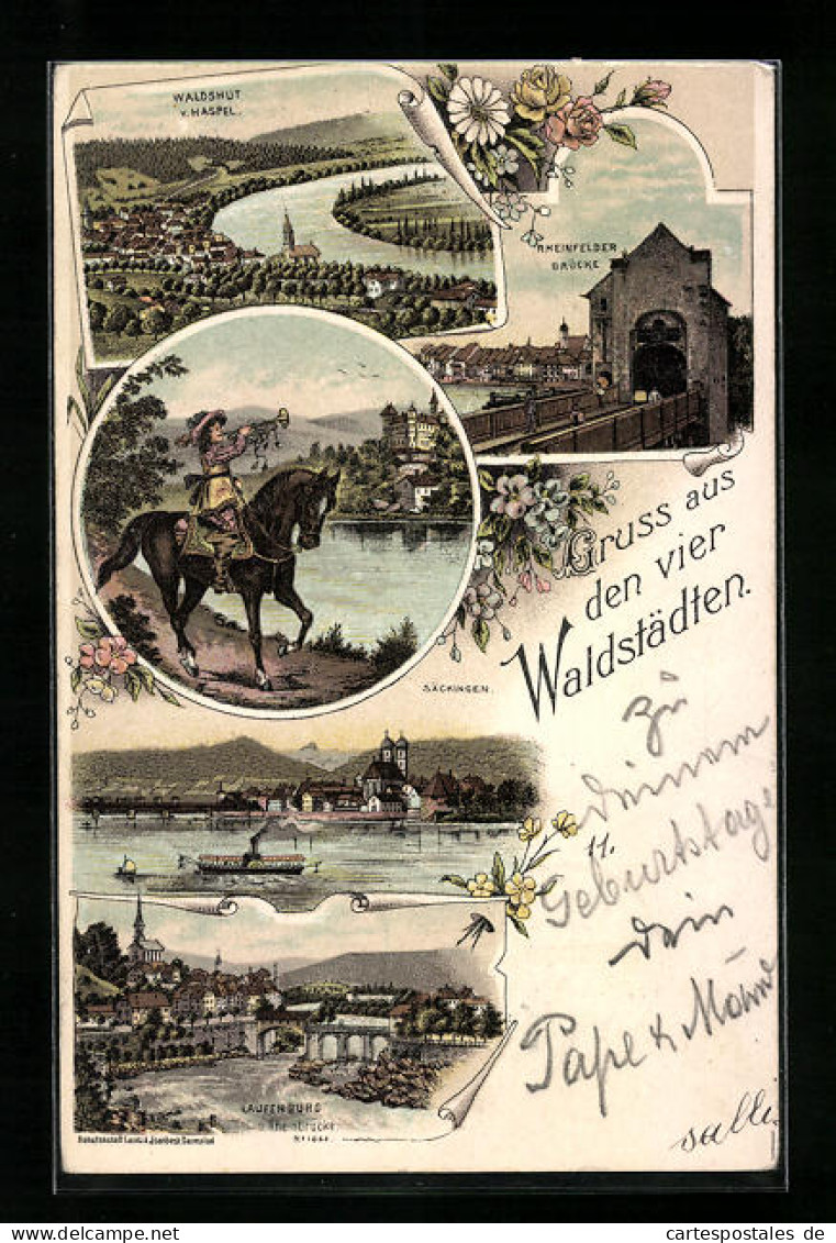 Lithographie Säckingen, Trompeter Von Säckingen, Ortsansicht, Waldshut V. Haspel, Rheinfelder Brücke  - Bad Saeckingen