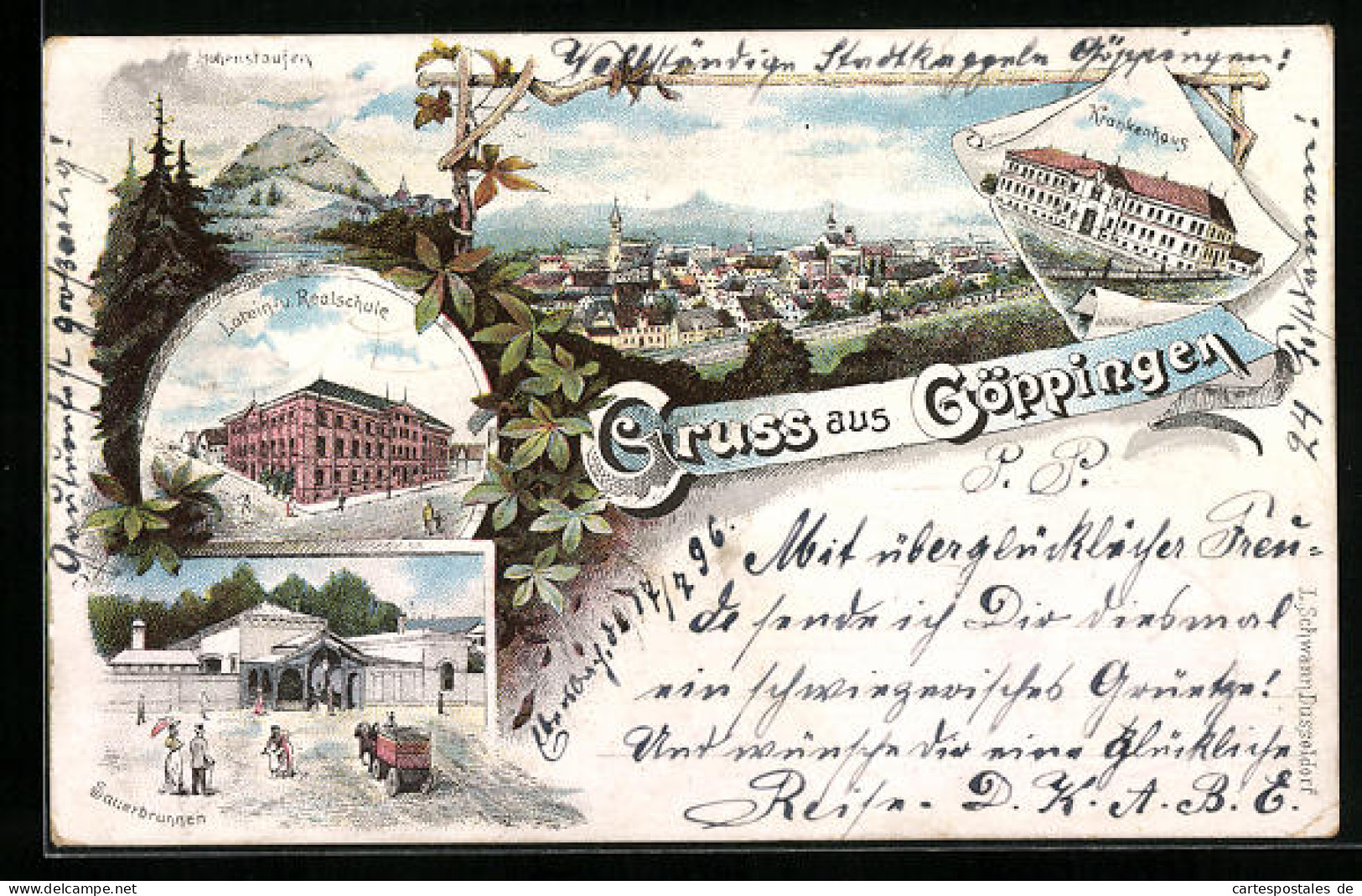 Lithographie Göppingen, Gesamtansicht, Krankenhaus, Sauerbrunnen  - Goeppingen