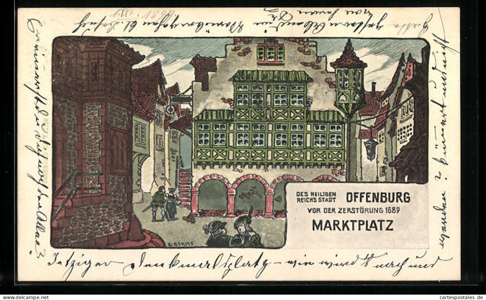 Künstler-AK Offenburg, Marktplatz Vor Der Zerstörung 1689, Rückseitig Wappen  - Offenburg